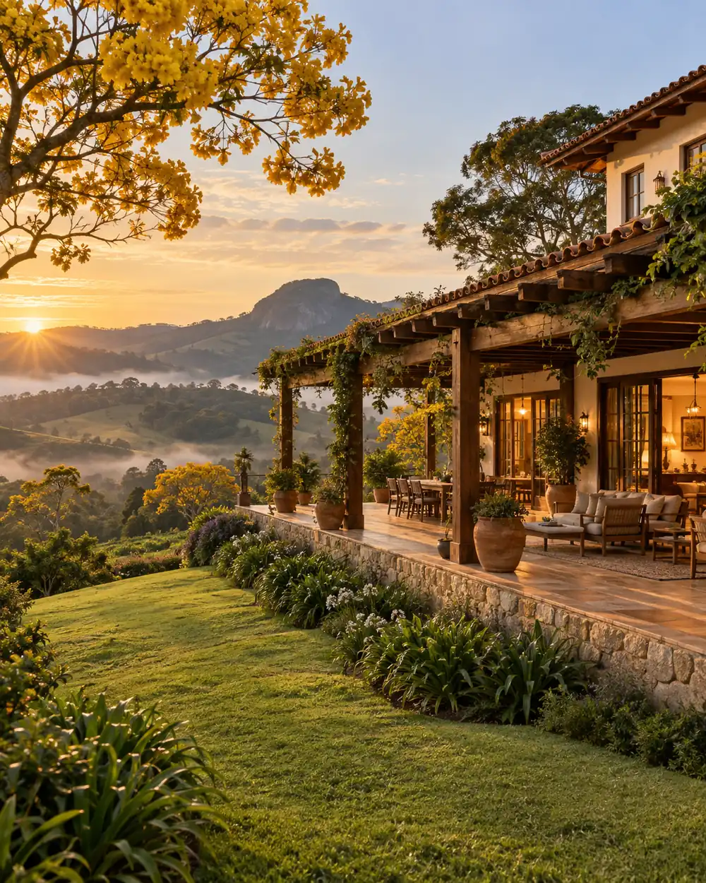Casa de campo com varanda em meio a colinas verdes ao entardecer
